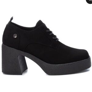 XTI Women’s Black Vegan Suede Chunky Heel Platform Lace up Oxfords Size 39 NWT